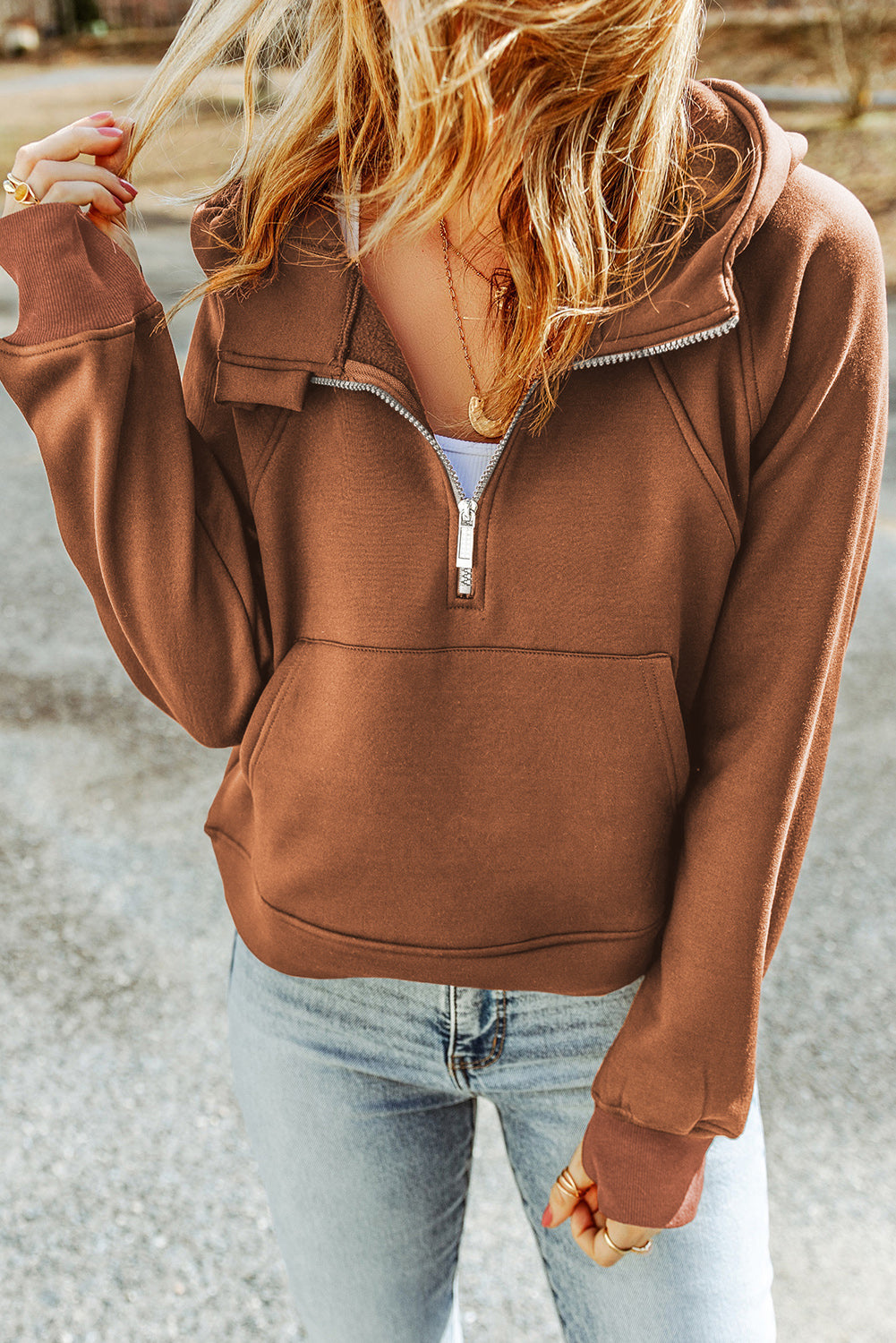 Double Take Half Zip Thumbhole Sleeve Hoodie