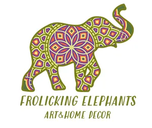 Colorful elephant logo with intricate patterns and text "Frolicking Elephants Art & Home Decor."
