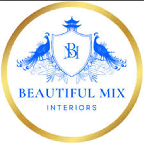 Logo for "Beautiful Mix Interiors" featuring blue peacocks and a gold circular border.