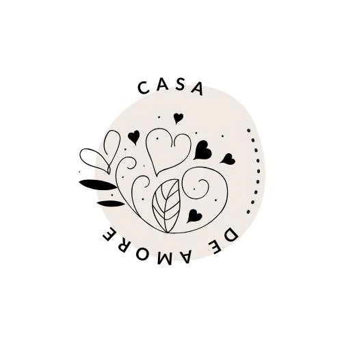 "Casa de Amore" logo with heart and leaf doodles in a minimalist black-and-white design.