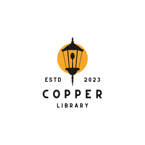 Copper Library logo with vintage lantern silhouette over an orange circle; "ESTD 2023" text.