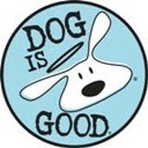 Logo for "Dog Is Good" featuring a playful dog with a halo and bold text in a circular design.