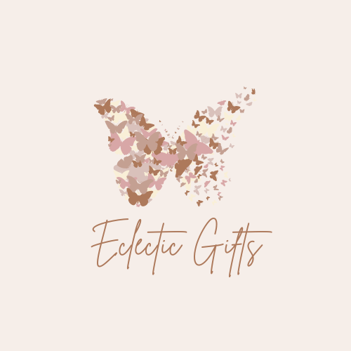 "Eclectic Gifts" logo with butterfly made of smaller butterflies in earthy pink and brown tones.