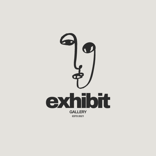 Exhibit Gallery logo with abstract face line drawing above bold "exhibit" text; "ESTD 2021" below.