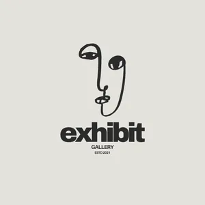 Logo for "Exhibit Gallery" featuring a minimalist abstract face drawing with bold text, est. 2021.