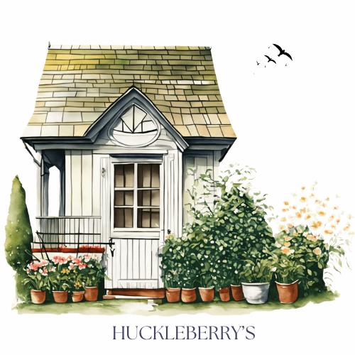 Logo for "Huckleberry's" featuring a cozy cottage surrounded by lush greenery and potted plants under flying birds.