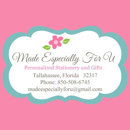 Made Especially For U business card with floral design, contact info, and tagline "Personalized Stationery and Gifts."