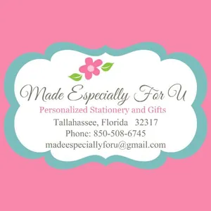 Logo for "Made Especially For U" featuring elegant text, floral accents, and contact details on a pink background.
