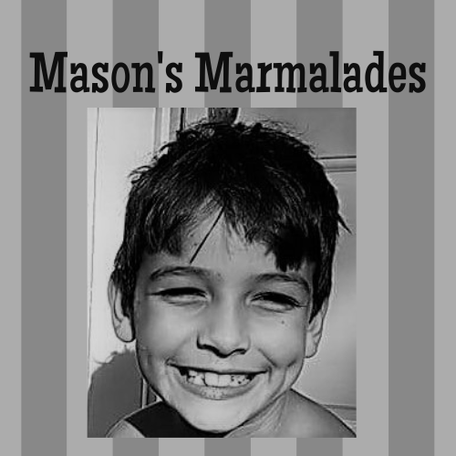 Mason's Marmalades logo featuring a smiling child’s face in black and white with striped background.