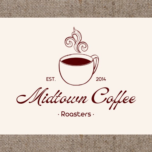 Logo for "Midtown Coffee Roasters" featuring a steaming cup of coffee with elegant text, est. 2014.