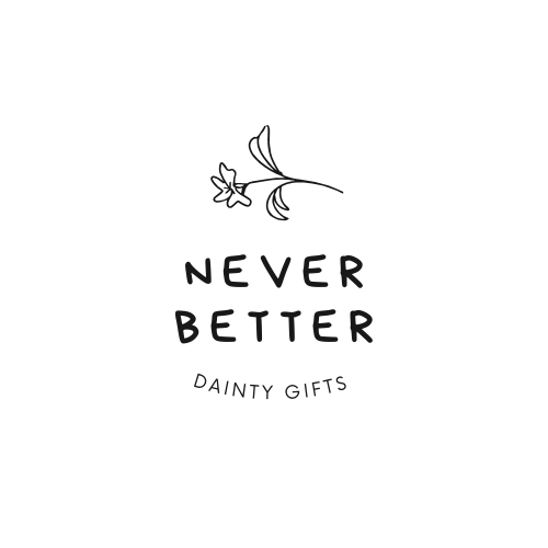 Never Better logo with simple flower illustration and tagline "Dainty Gifts" in minimalist black text.