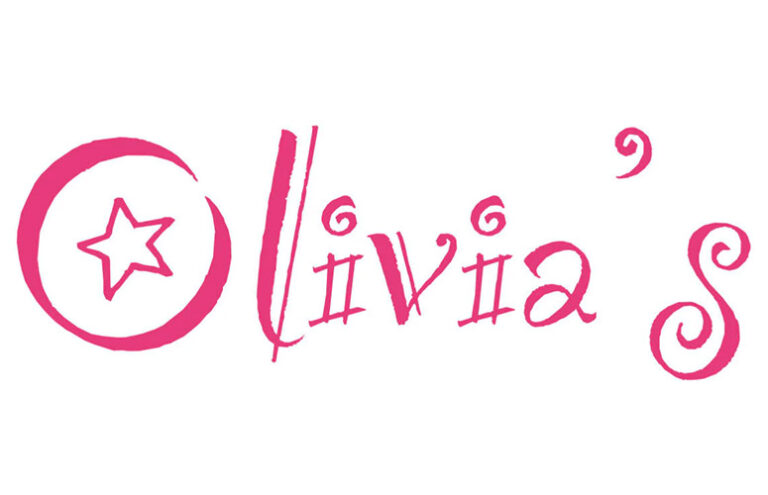 Playful "Olivia's" logo in pink with whimsical, curly letters and a star inside a crescent moon.