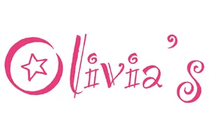 Playful logo for "Olivia's" featuring pink whimsical text with a crescent moon and star as decorative elements.