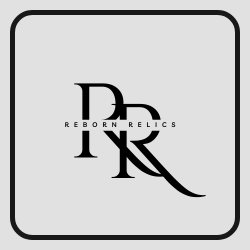 Reborn Relics logo with intertwined "RR" initials in elegant font on a gray background with black border.