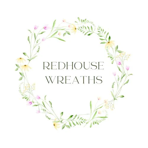 Logo for "Redhouse Wreaths" featuring delicate floral wreath design with pastel flowers and elegant typography.