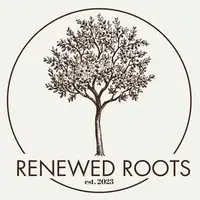 Logo for "Renewed Roots" featuring a detailed tree illustration inside a circular frame, est. 2023.