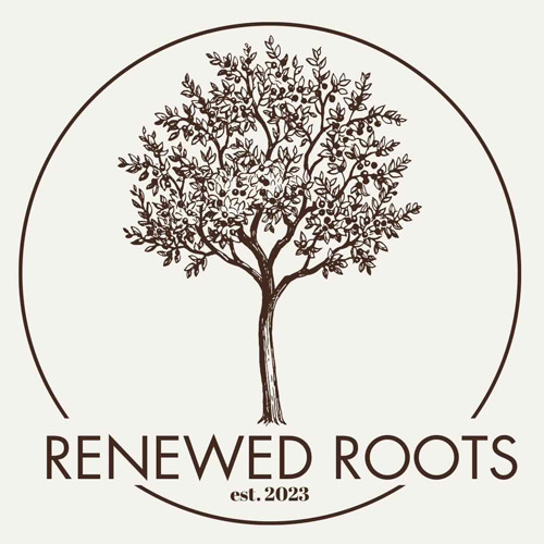 Logo for "Renewed Roots" featuring a detailed tree illustration inside a circular frame, est. 2023.