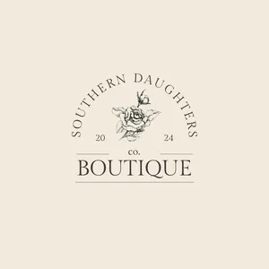 Elegant logo with a hand-drawn rose and text "Southern Daughters Boutique Co. 2024" on a beige background.