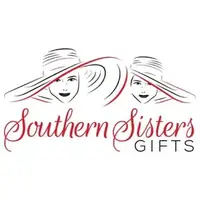 Logo for "Southern Sisters Gifts" featuring two elegant women in hats with flowing script and bold accents