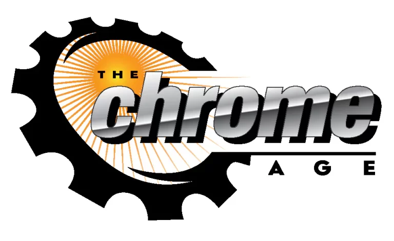 The Chrome Age logo with metallic text, a sunburst background, and gear-like border.