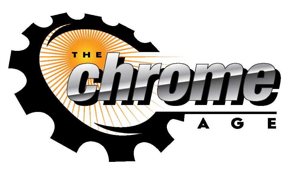 Logo for "The Chrome Age" featuring bold metallic text, a gear motif, and a radiant orange sunburst design.