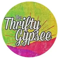 Logo for "The Thrifty Gypsee" featuring vibrant colors, retro typography, and a circular textured design.
