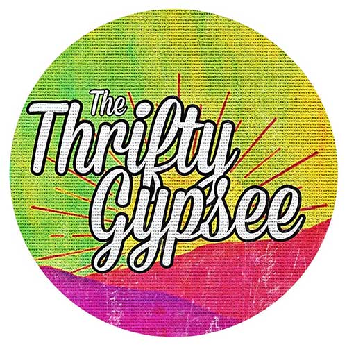 The Thrifty Gypsee logo with bold, retro font on a colorful background of green, yellow, and pink.