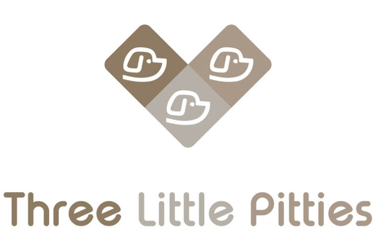 Three Little Pitties logo with three dog icons in a heart shape, using earthy brown tones.