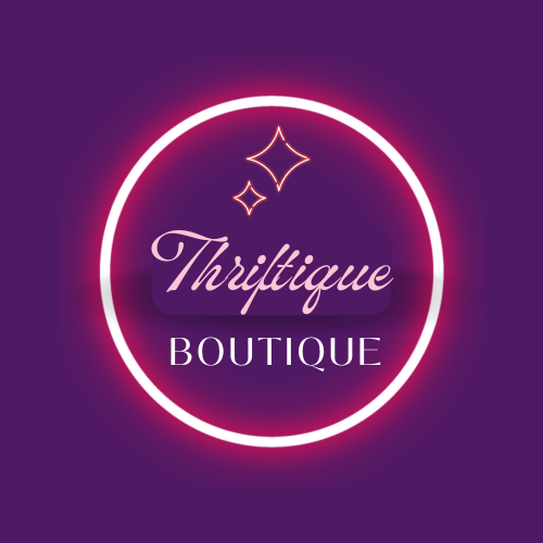 Thriftique Boutique logo with glowing neon circle, script font, and sparkles on a purple background.