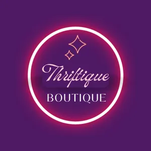 Elegant logo for "Thriftique Boutique" with neon accents, sparkles, and a purple background.