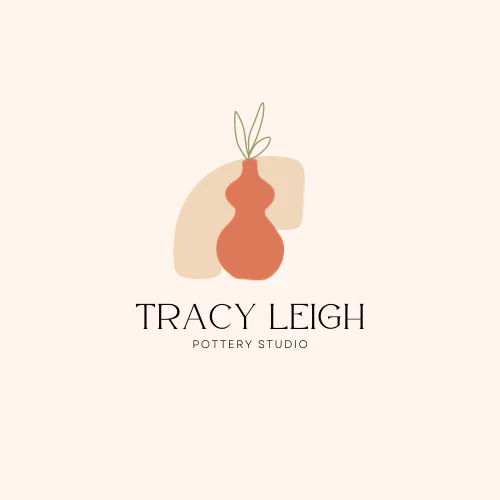 Minimalist logo for "Tracy Leigh Pottery Studio" featuring a stylized vase with earthy tones and leaves.