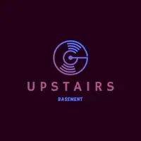 A modern logo for "Upstairs Basement" featuring a stylized record icon with gradient purple and blue tones.