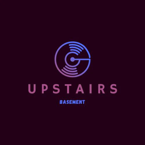 A modern logo for "Upstairs Basement" featuring a stylized record icon with gradient purple and blue tones.